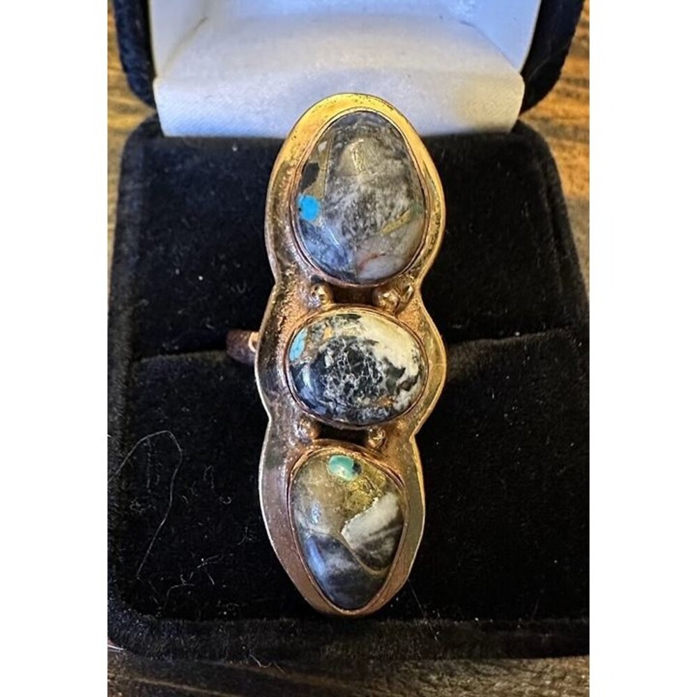 Wild Buffalo Turquoise 3 Stone Pure Copper Ring Size 9